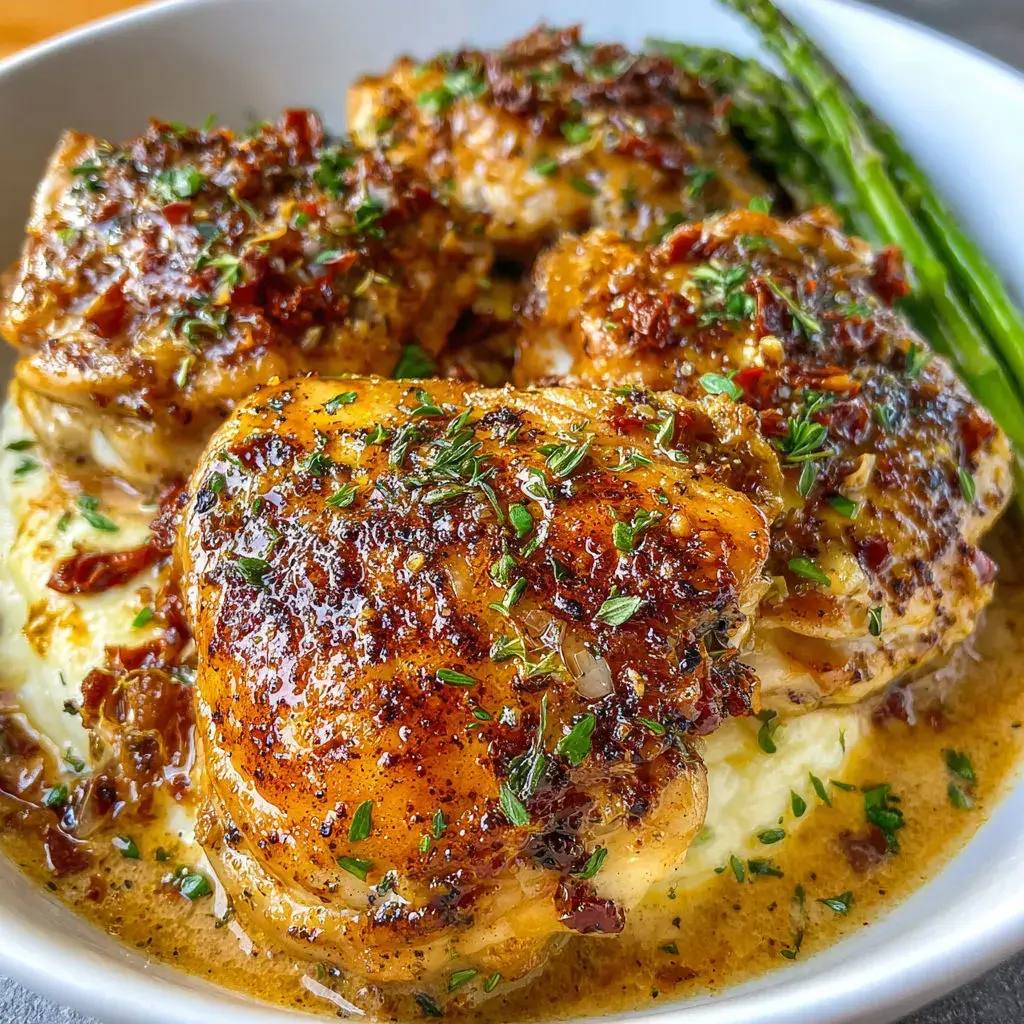 Plated Marry Me Chicken Thighs with creamy sauce and garnish