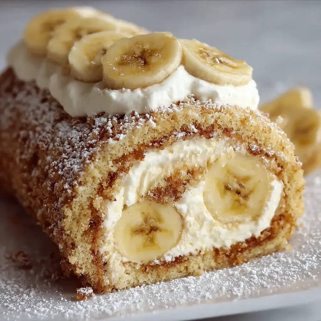 A close-up slice of banana cream cheesecake roll showcasing the creamy layers and banana pieces