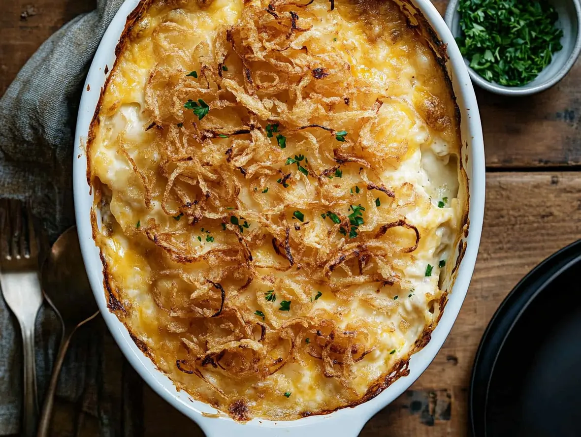 Deliciously cheesy potatoes casserole in a baking dish, topped with crispy onions.