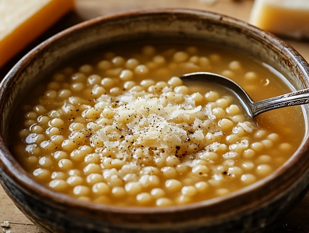 A steaming bowl of Italian Penicillin pastina soup, garnished with parsley and a lemon wedge.