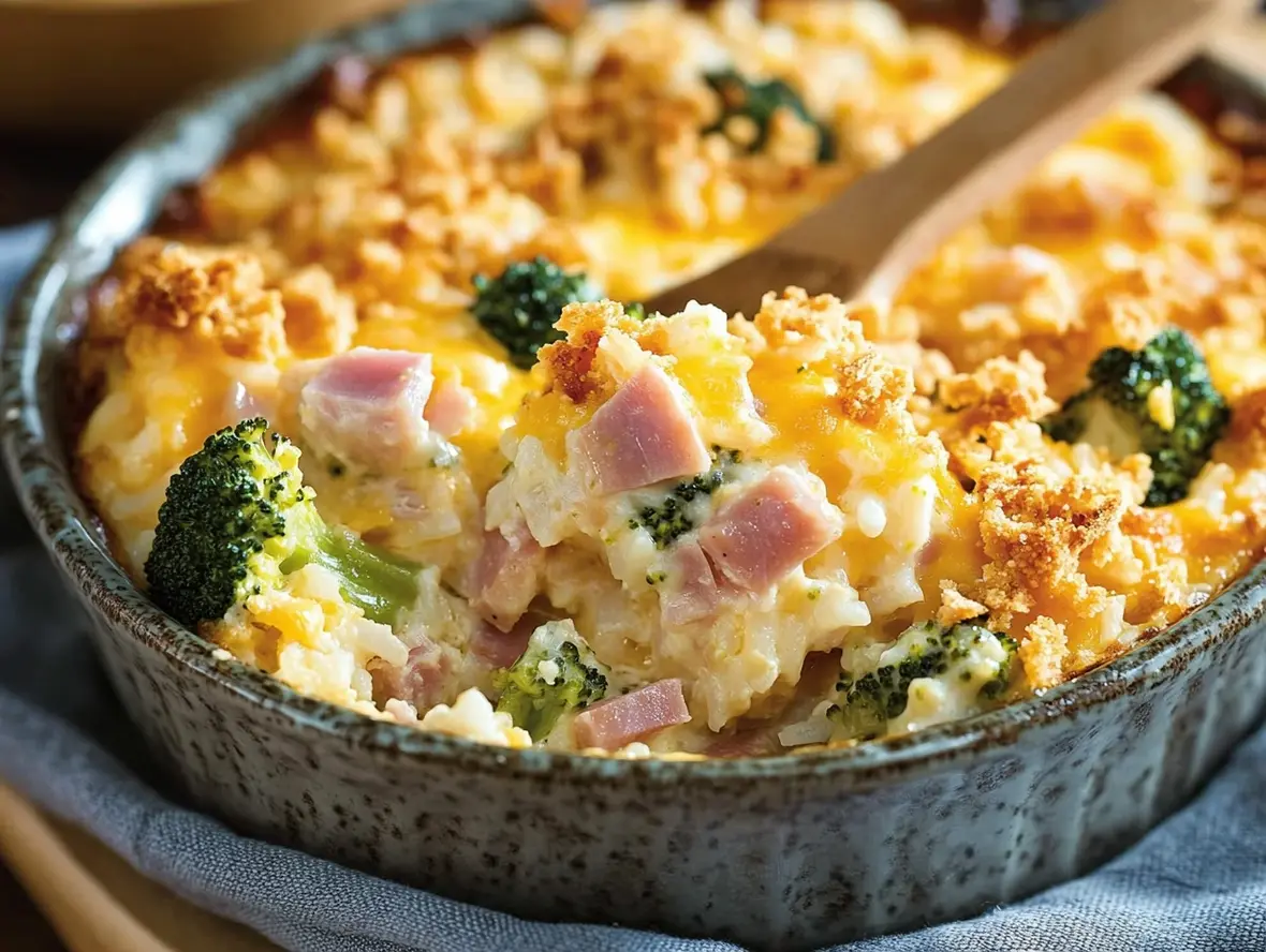 Chicken Ham and Rice Casserole with Broccoli in a baking dish.