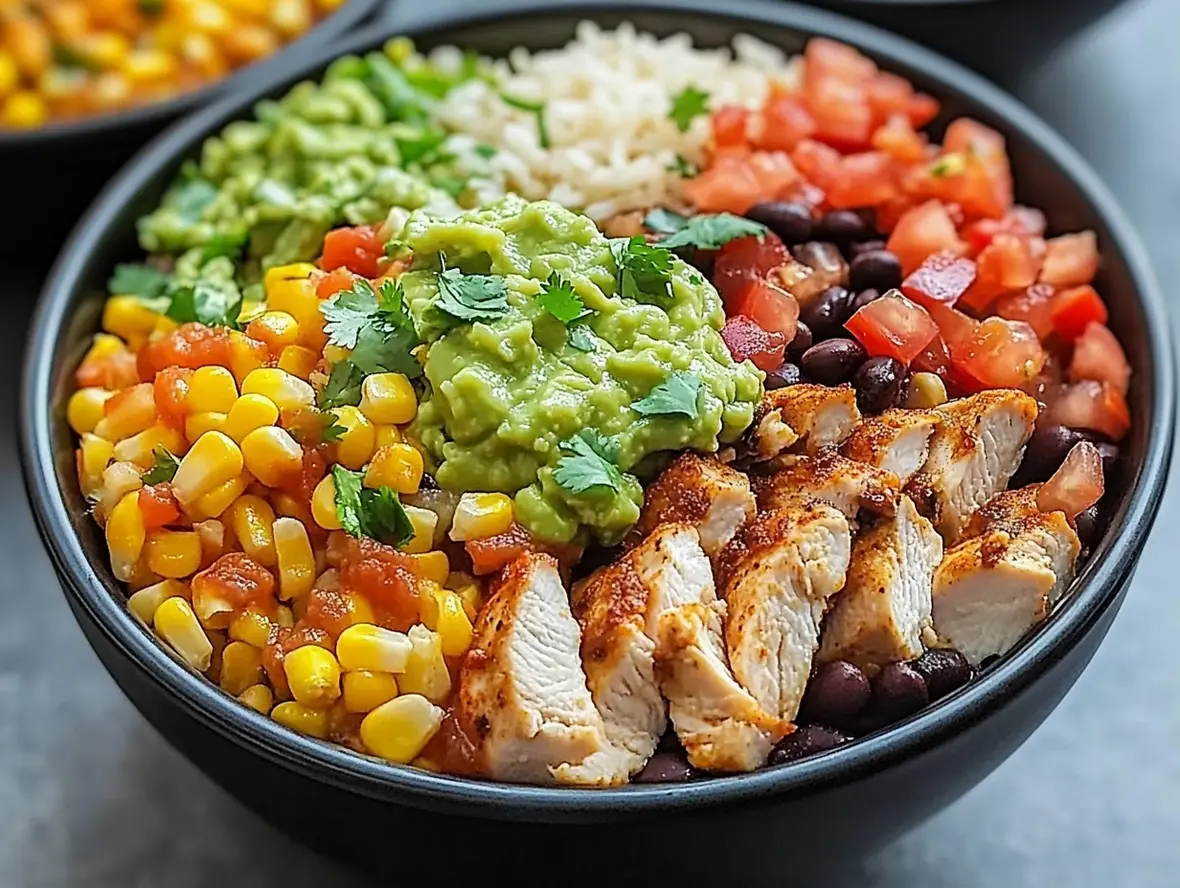 A close-up shot of a vibrant and delicious one-pan chicken burrito bowl filled with seasoned chicken, rice, beans, corn, and colorful vegetables, topped with fresh cilantro and lime wedges.