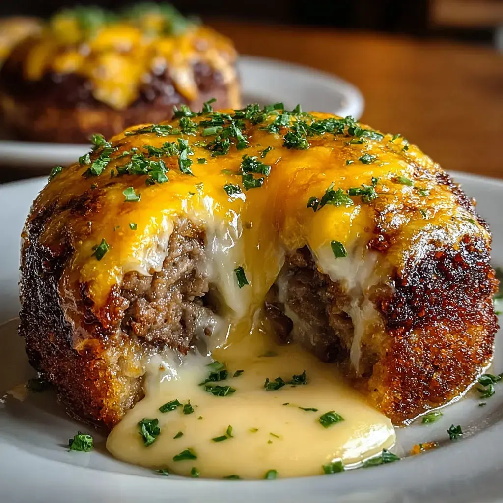 Plated Cheeseburger Lava Cakes with molten cheese oozing out, served with garnishes like pickles and fries.