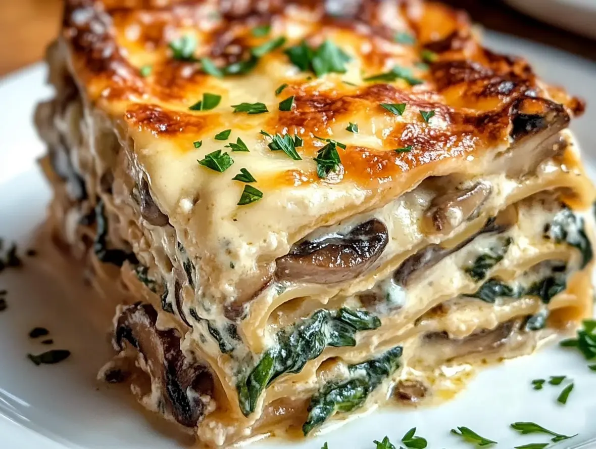 A delicious looking creamy spinach and mushroom lasagna, sliced to show the layers.