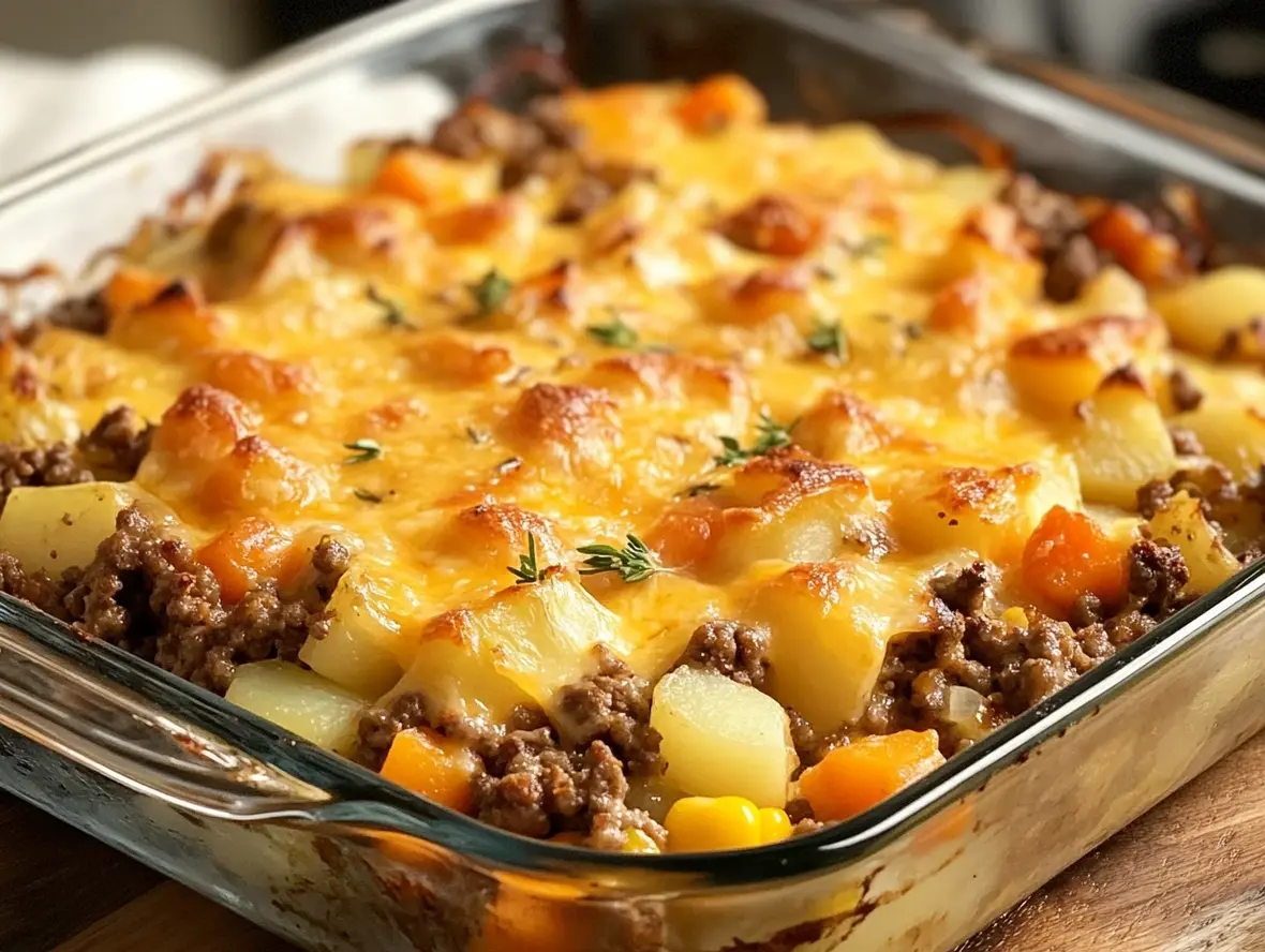 Amish Hamburger Bake with Fall Veggies in a casserole dish, topped with golden brown breadcrumbs and fresh parsley.