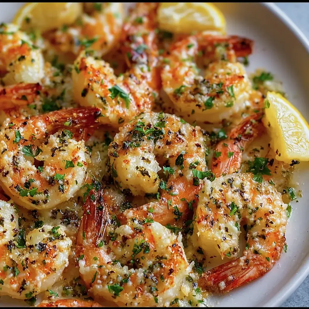 Succulent baked garlic parmesan shrimp sizzling in the oven, golden and aromatic.