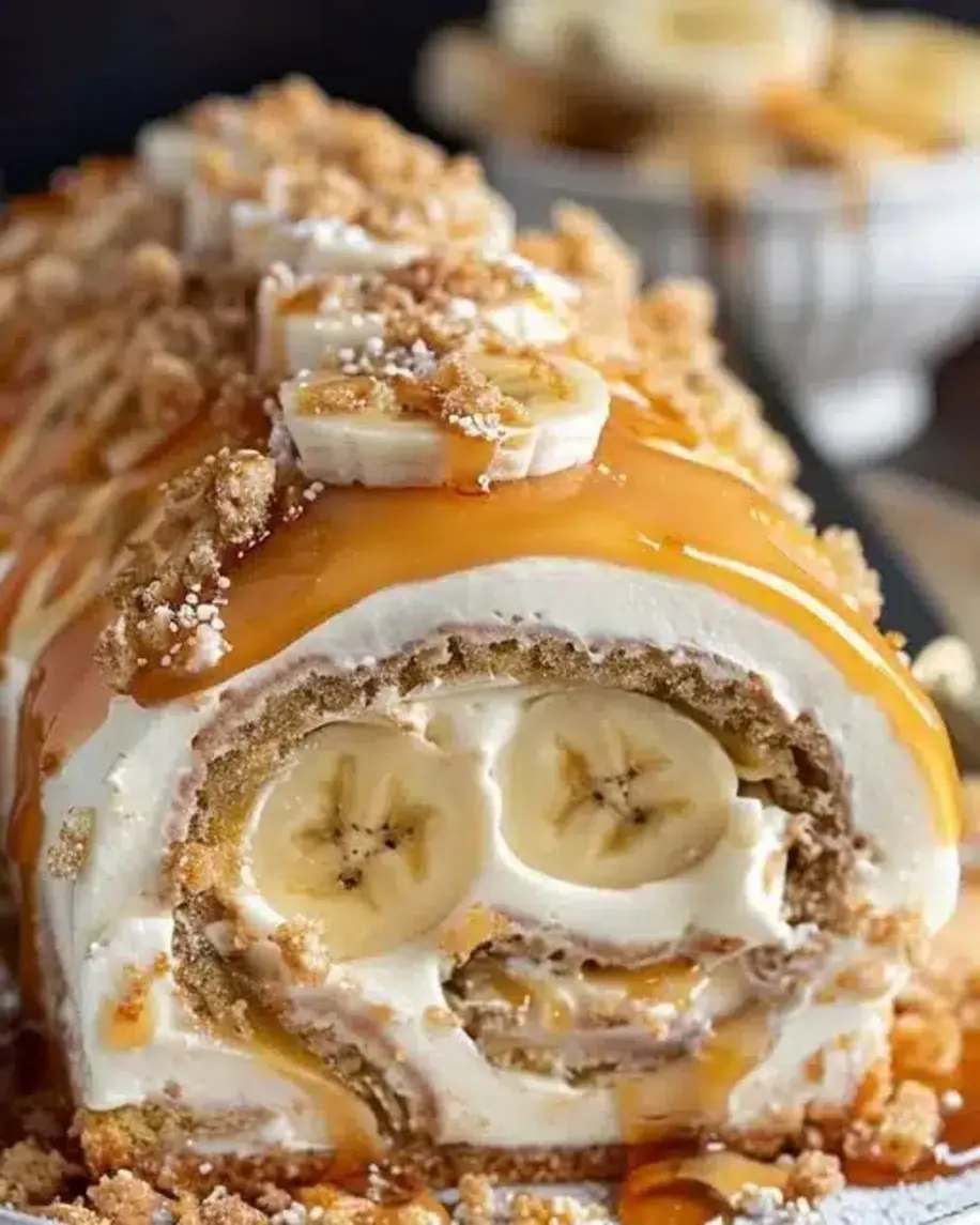 A beautifully rolled Banana Caramel Roulade with swirls of caramel and banana filling.
