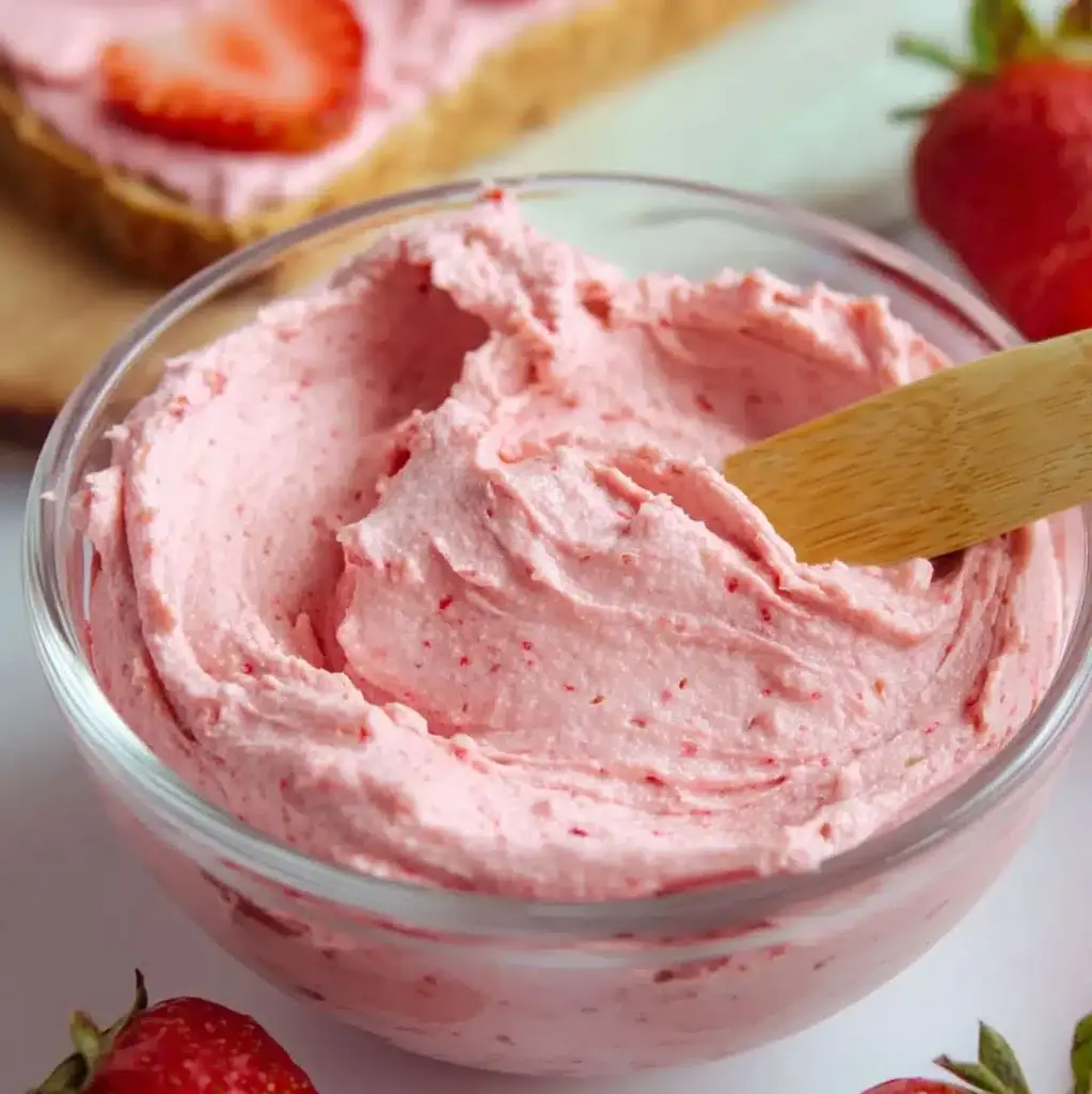 A bowl of 3 ingredients strawberry cream cheese spread with fresh strawberries on the side, perfect for bagels.