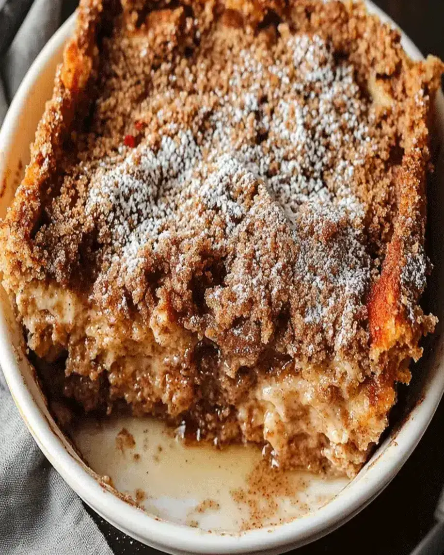 Golden brown Baked French Toast Casserole in a baking dish