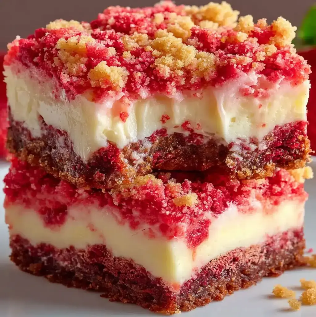 Close-up of a perfectly sliced Strawberry Shortcake Cheesecake Bar, showing layers of Oreo crust, creamy cheesecake, fresh strawberries, and crumble topping.
