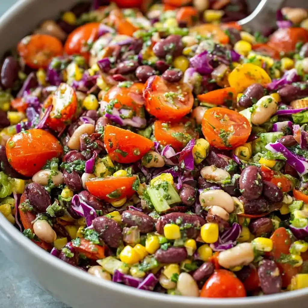 A vibrant and hearty dense bean salad in a serving bowl.