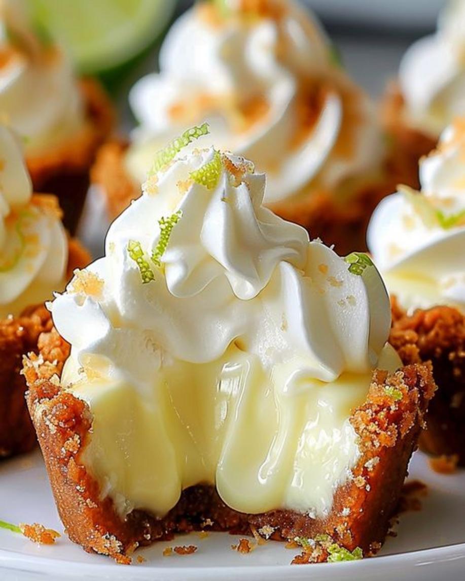 No-Bake Mini Key Lime Pies made with graham cracker crust and creamy lime filling topped with whipped cream.