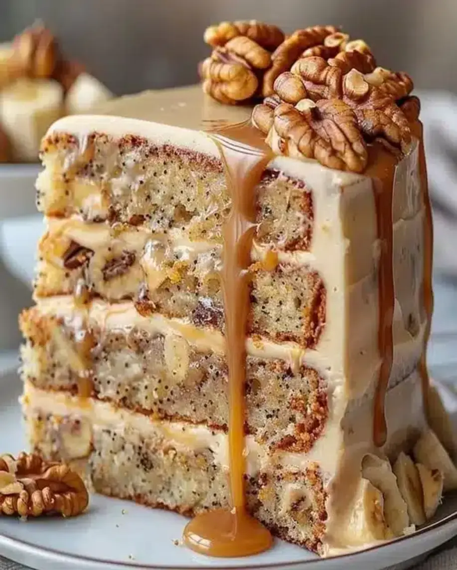 Luscious Walnut Banana Caramel Cake Slice