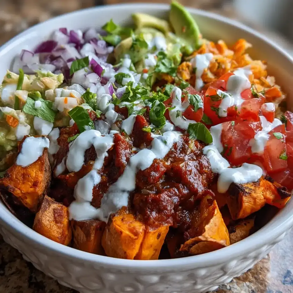 A vibrant sweet potato taco bowl with roasted sweet potatoes, black beans, corn, avocado, and cilantro lime dressing.