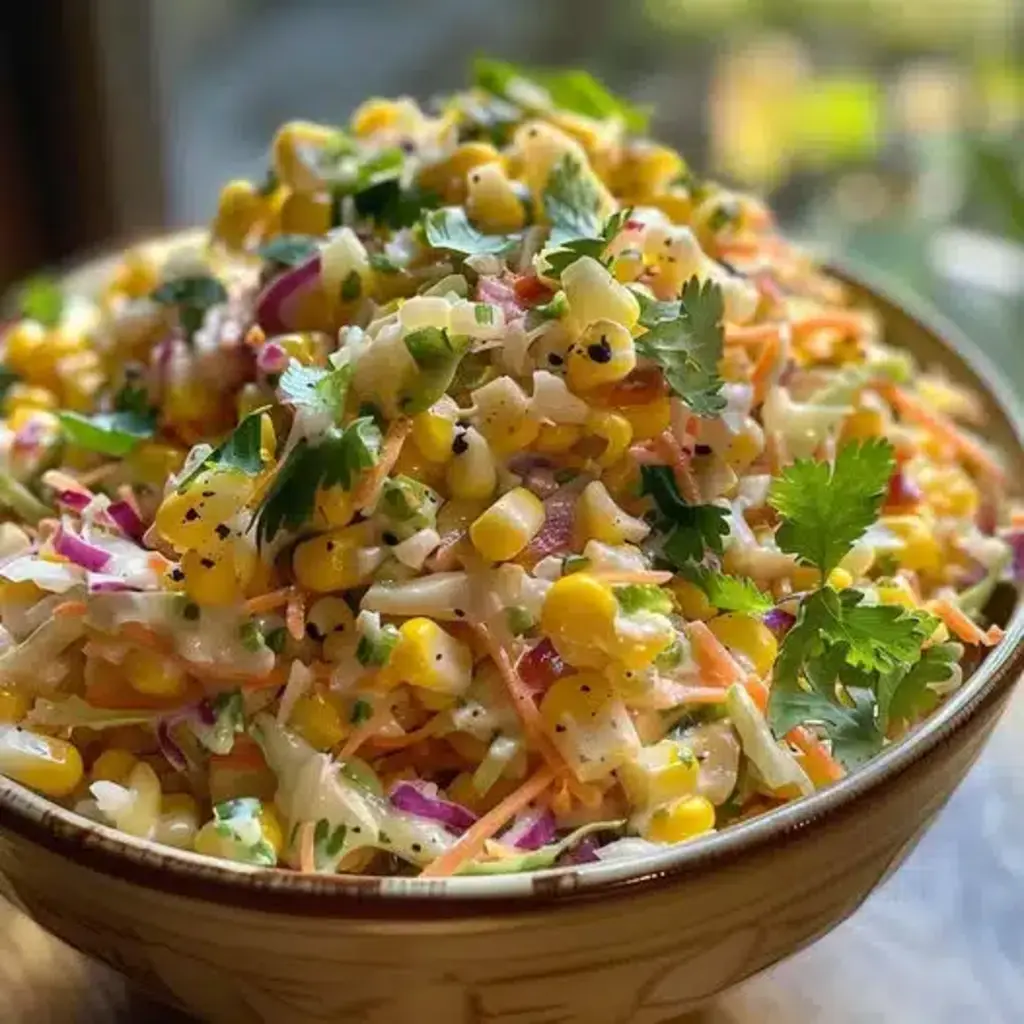 Mexican Street Corn Coleslaw ready to serve, garnished with cotija cheese and cilantro