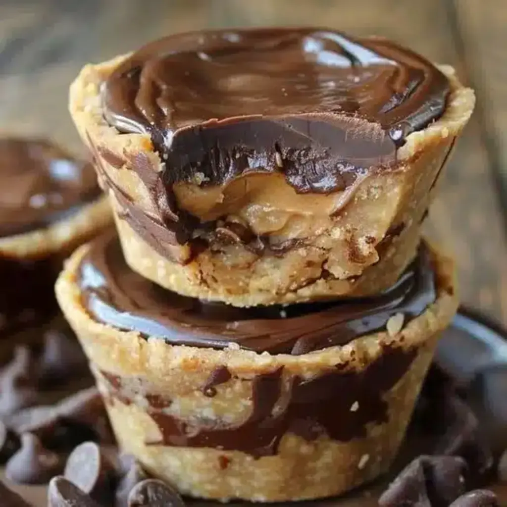 Mini chocolate peanut butter pies assembled in a muffin tin, topped with chocolate ganache and a peanut butter cup.
