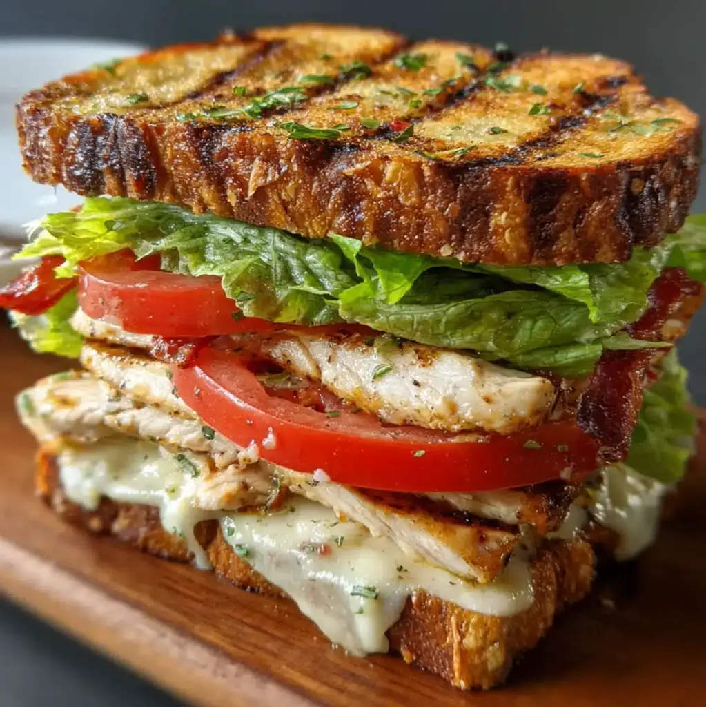 A perfectly assembled grilled chicken sandwich on toasted sourdough with fresh toppings.