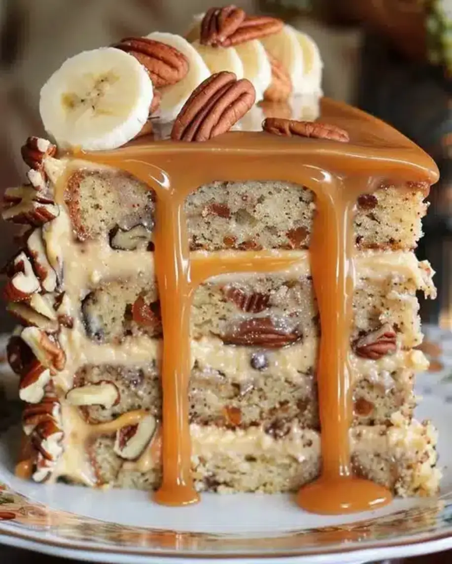 Moist Banana Pecan Caramel Layer Cake with frosting and caramel drizzle