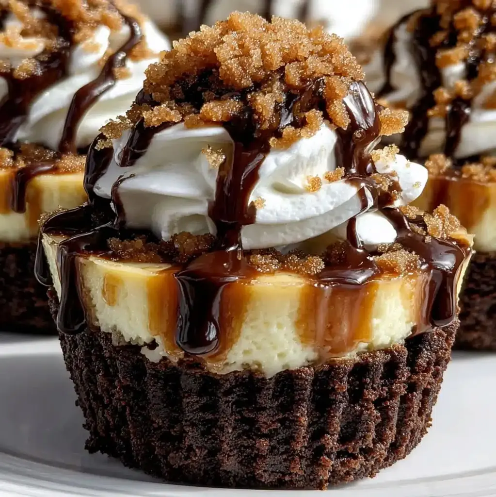 Loaded Brownie Cheesecake Cups layered in a cupcake liner.