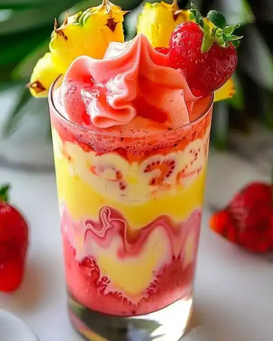 A vibrant pink and white strawberry piña colada smoothie in a glass, garnished with a strawberry slice and a pineapple wedge.