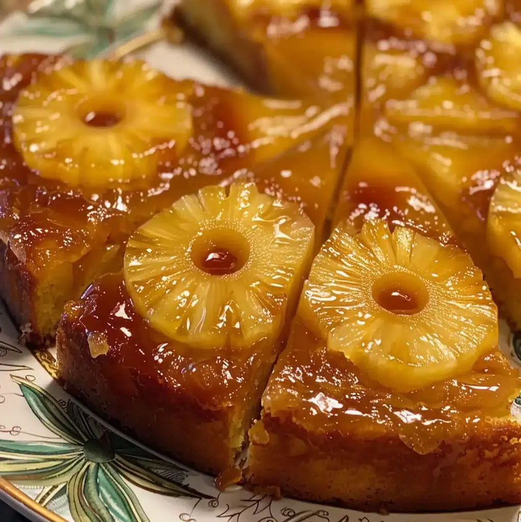 Delicious looking Pineapple Upside-Down Cake with caramelized pineapple and cherries.