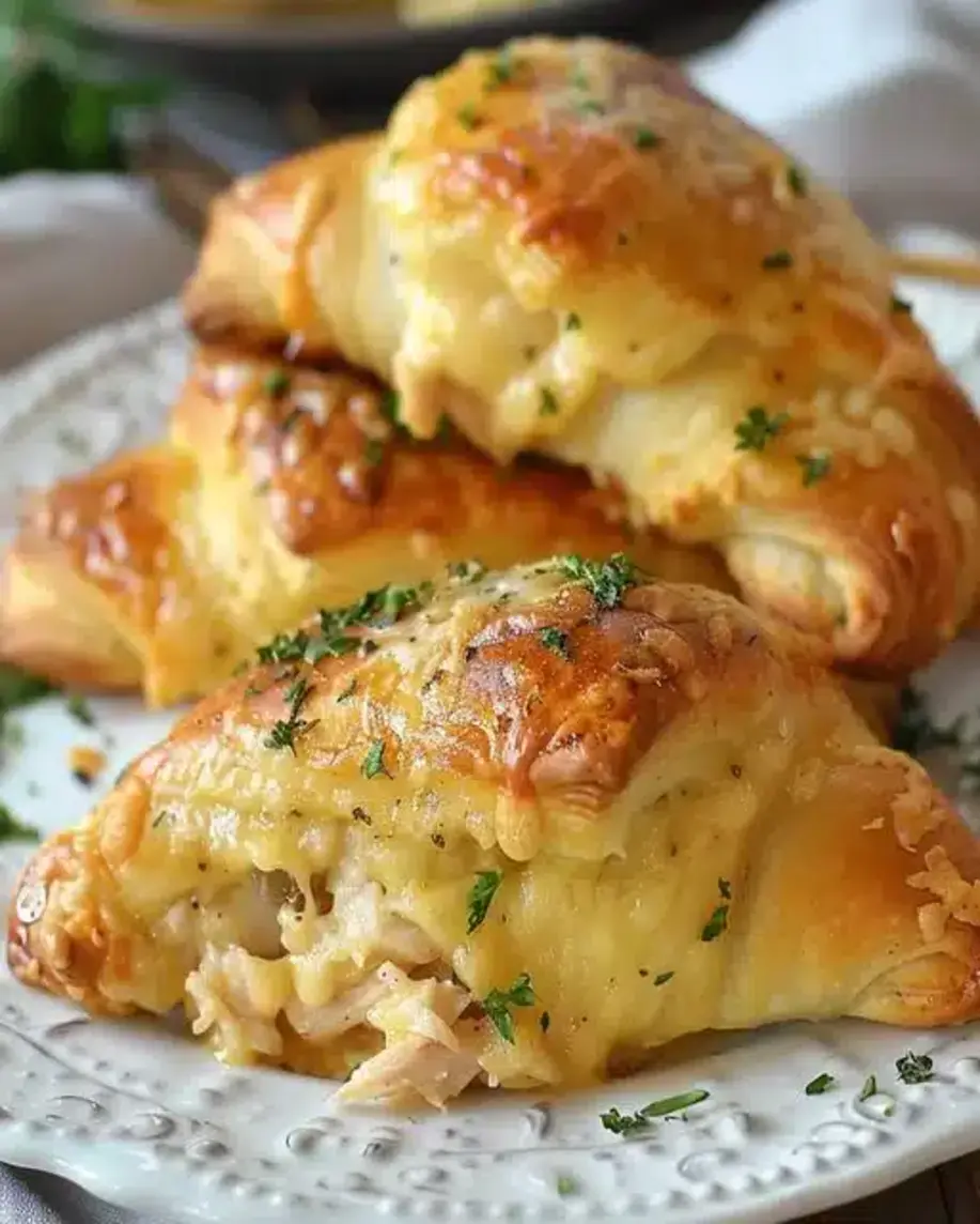 Golden brown chicken stuffed crescent rolls on a baking sheet