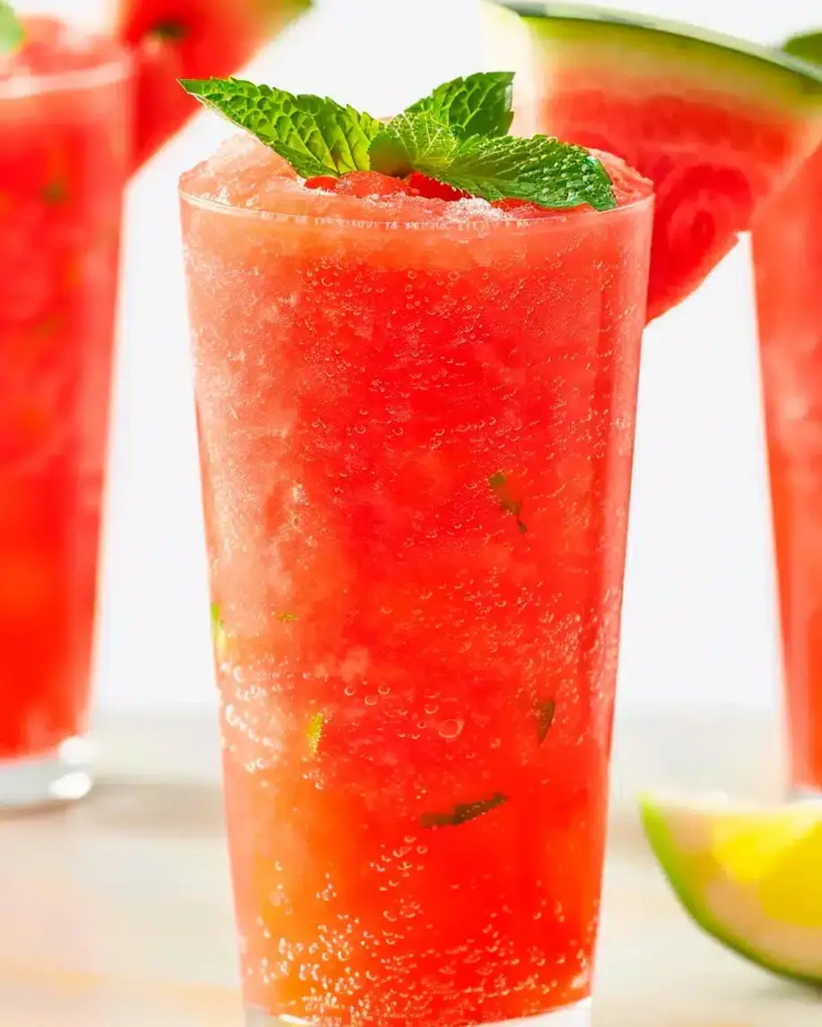 A refreshing glass of Summertime Watermelon Bliss Slush garnished with mint.