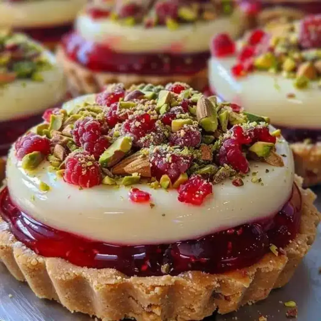 Beautifully arranged Raspberry Rhapsody Tarts with a pistachio crust and vibrant raspberry filling, garnished with chopped pistachios and fresh raspberries.