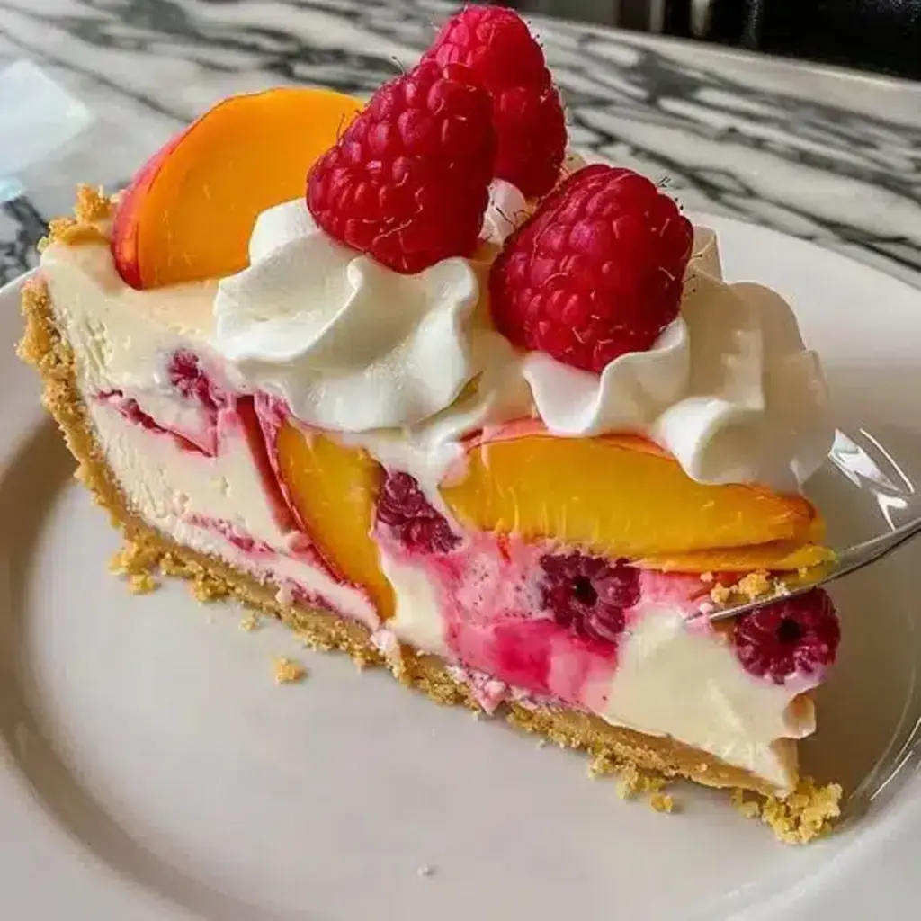 A slice of Peach Raspberry Cheesecake on a plate with fresh berries and peach slices.