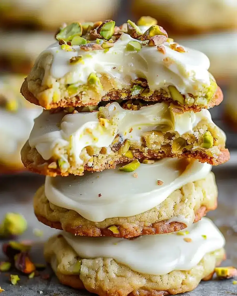 A pile of delicious creamy pistachio white chocolate cookies on a rustic wooden board, some broken to show the gooey white chocolate and crunchy pistachios within.