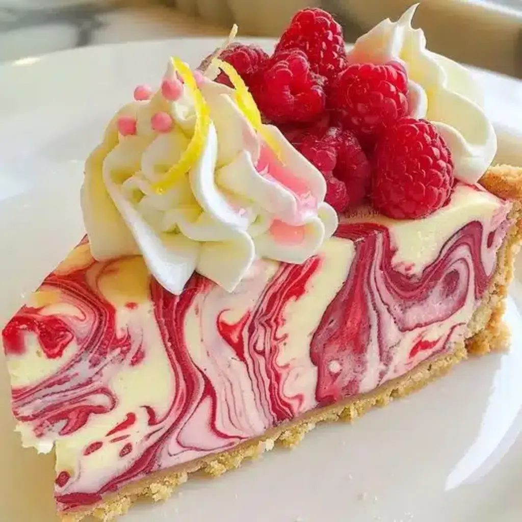 A tempting slice of Raspberry Ripple Cheesecake on a plate.