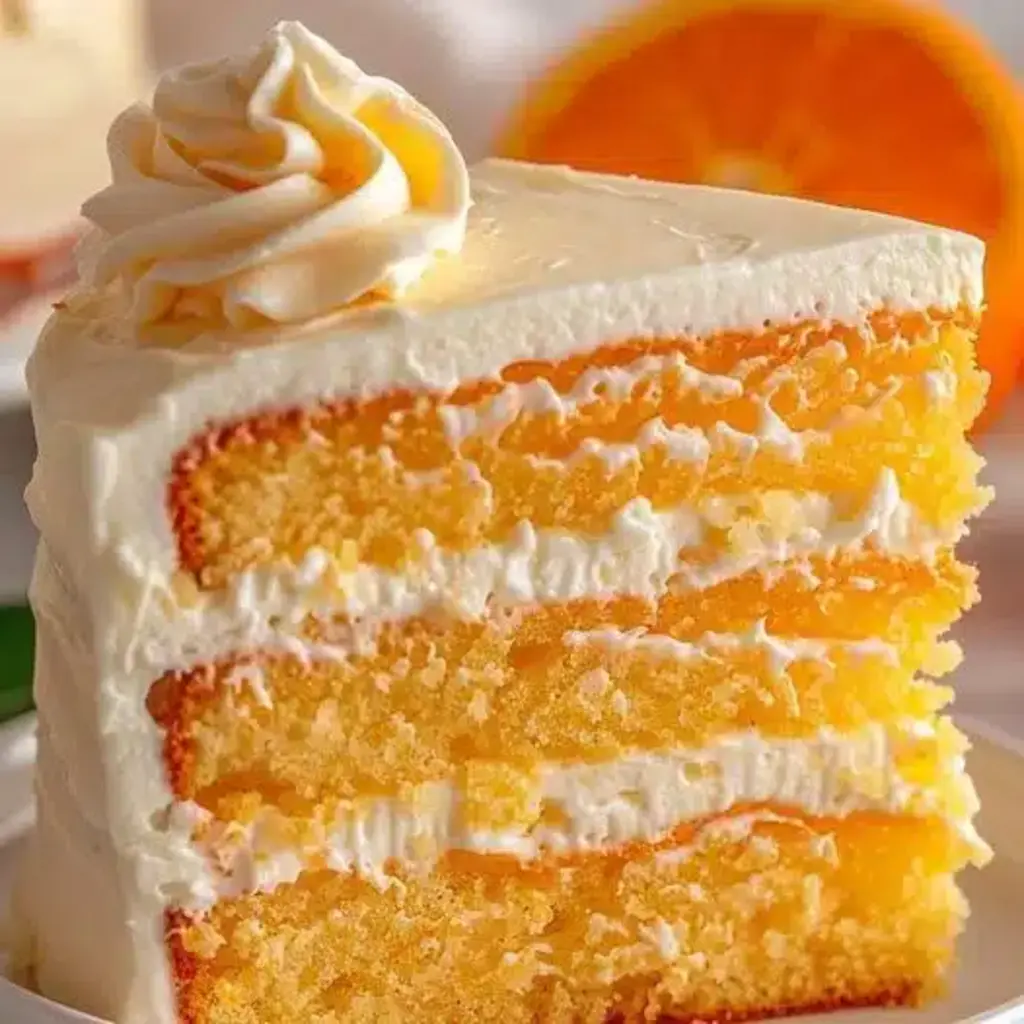 A slice of Orange Dreamsicle Cake showing its light, fluffy texture and creamy frosting.