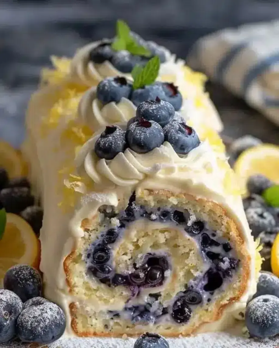 A beautifully rolled Lemon Blueberry Cake Roll dusted with powdered sugar, sliced to reveal the creamy filling and vibrant blueberries.