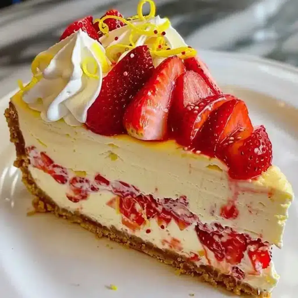 A slice of Strawberry Lemon Cheesecake on a plate with a fork, showing the creamy texture and strawberry swirls.