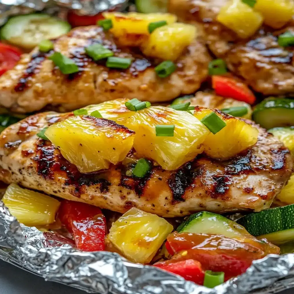 Teriyaki Chicken and Pineapple Foil Packets prepared in foil packets on a baking sheet.