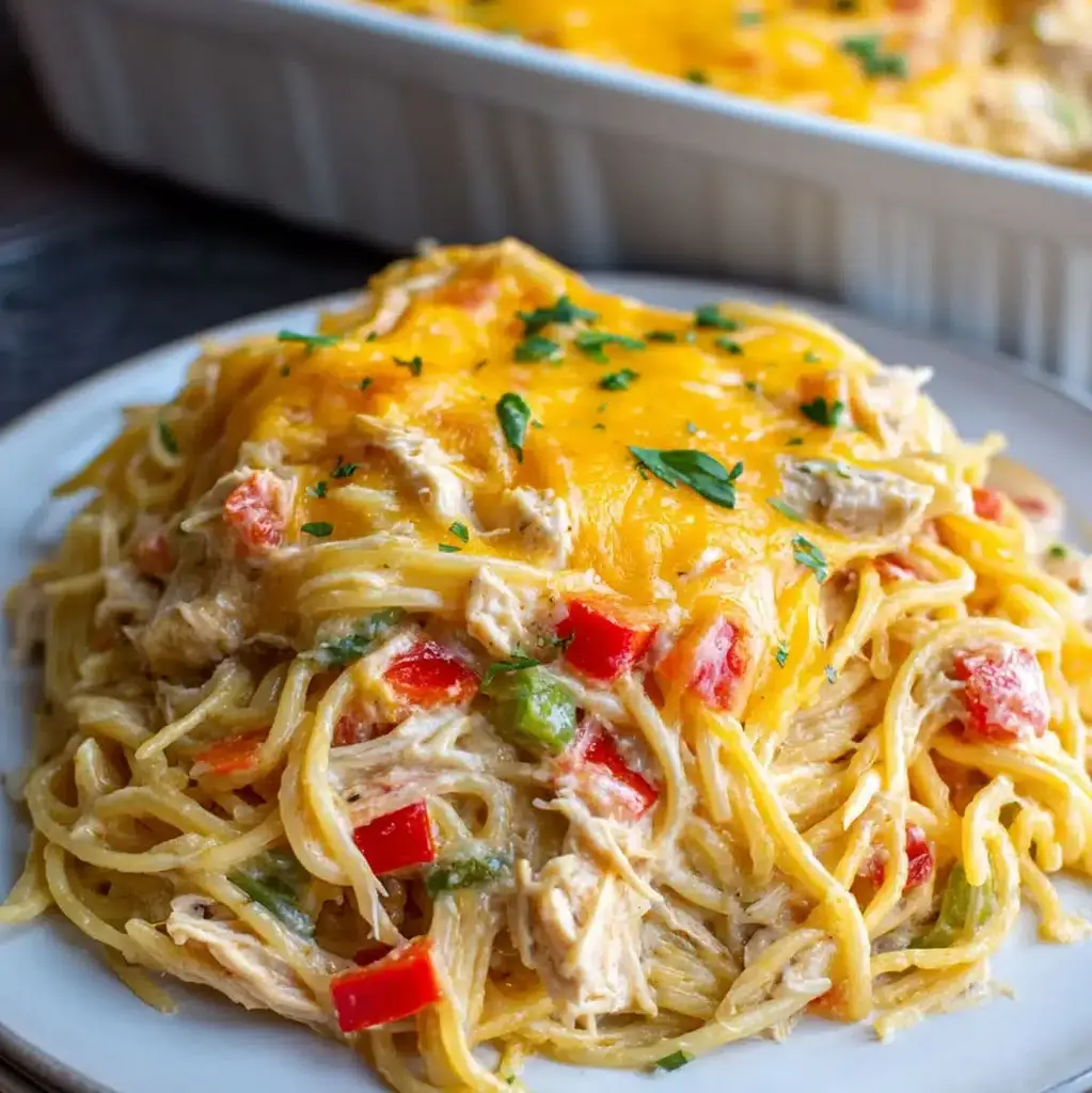 Spaghetti Chicken Casserole in a baking dish, golden brown and bubbly.