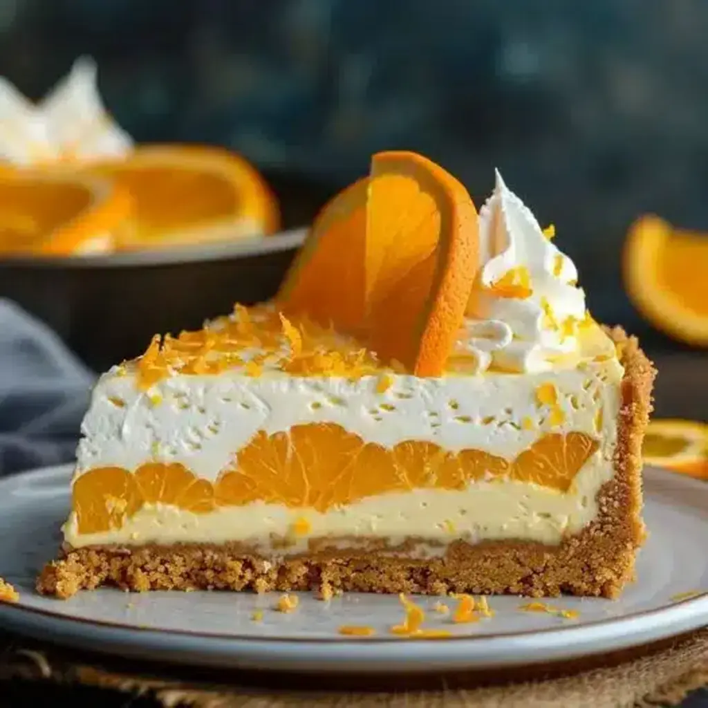A slice of no-bake orange cheesecake on a plate, garnished with orange zest.