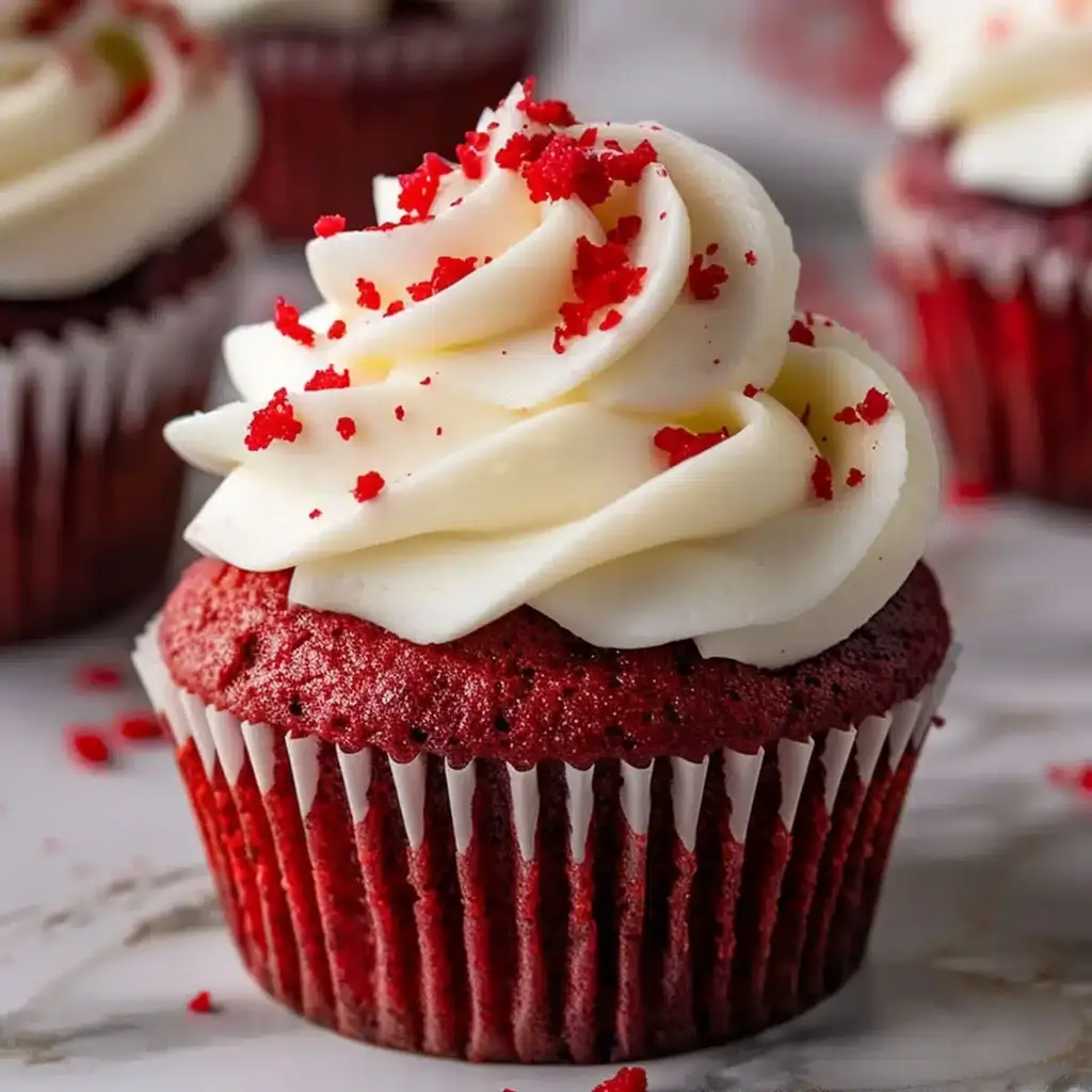 Delicious Red Velvet Cupcakes with Cream Cheese Frosting and Raspberry Garnish