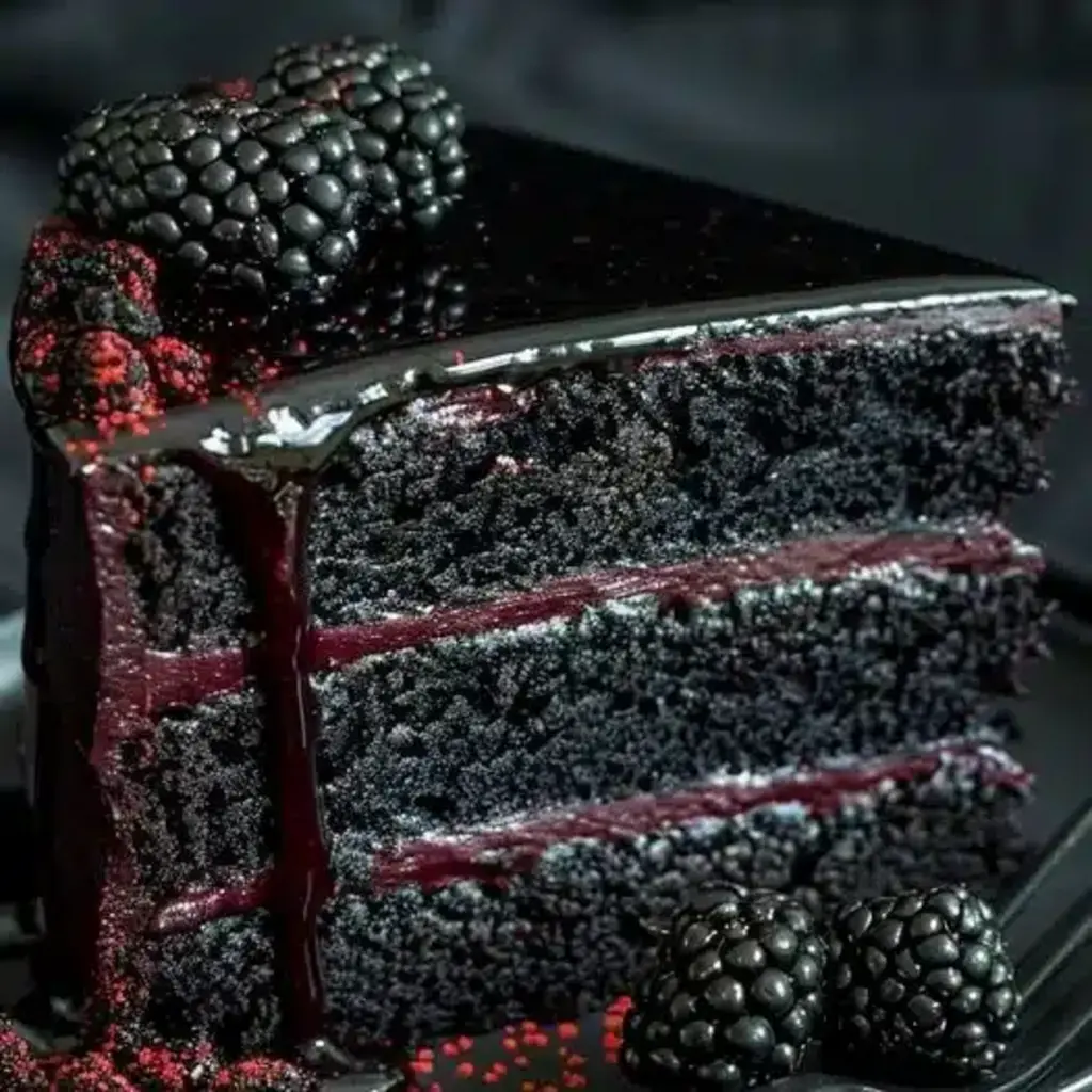 A beautifully frosted Blackberry Velvet Delight cake slice, showcasing the rich texture and vibrant berry filling.
