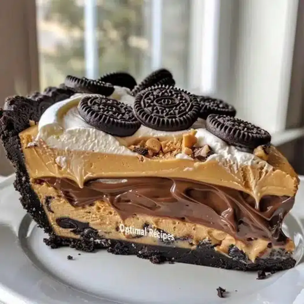 A slice of Chocolate Peanut Butter Temptation Pie on a plate, showcasing the layers of Oreo crust, peanut butter filling, chocolate ganache, and whipped cream topping.
