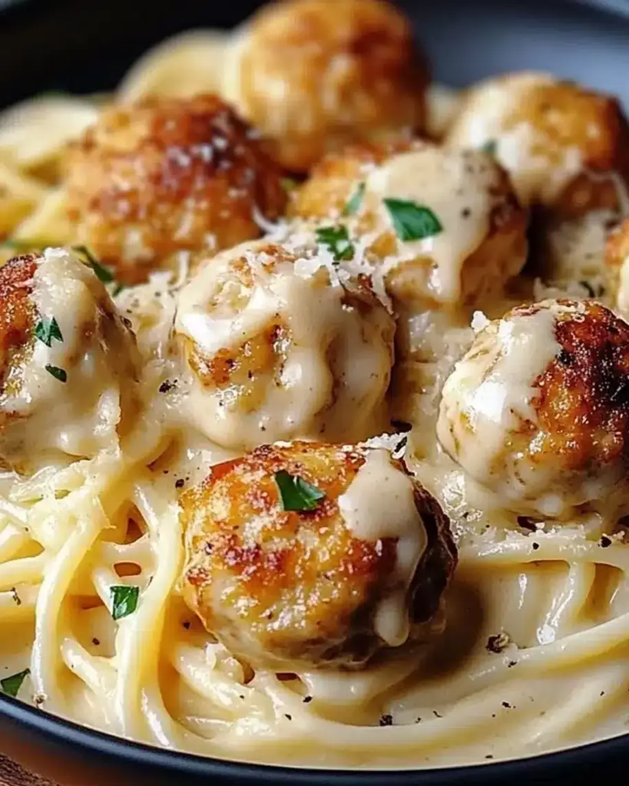 Garlic Butter Chicken Balls with Creamy Parmesan Pasta served in a bowl with fresh parsley garnish