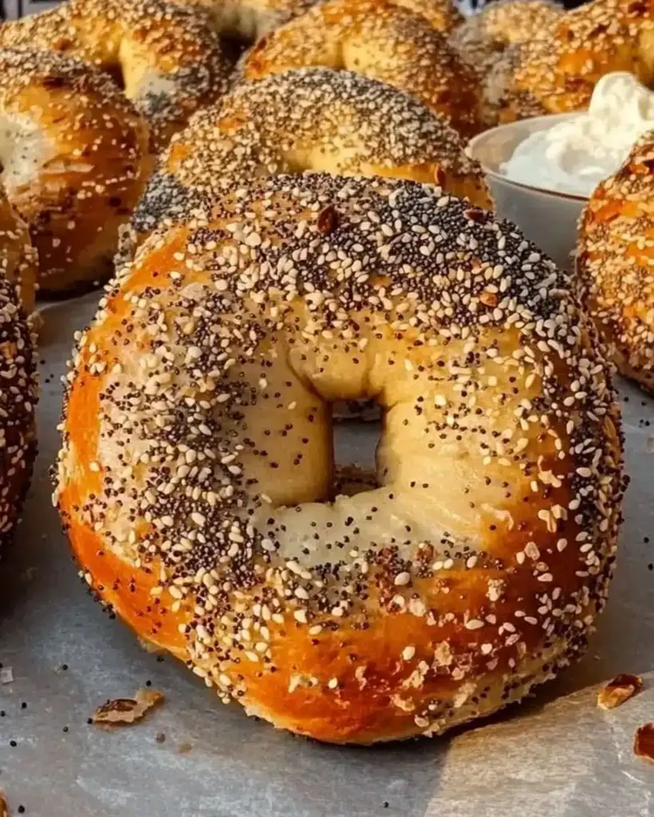 Delicious-looking cottage cheese bagels stacked on a plate.