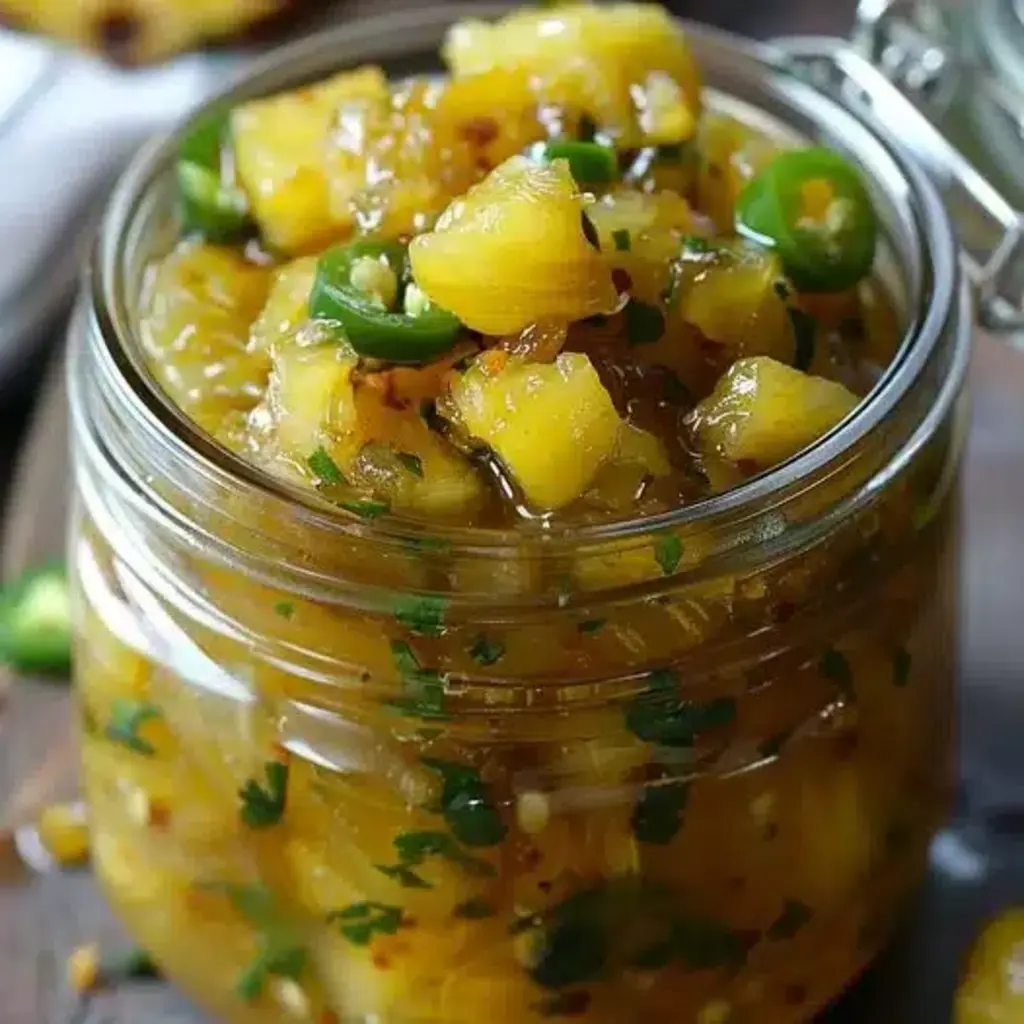 Spicy Pineapple Jalapeño Chutney in a bowl with fresh pineapple and jalapeños around it.
