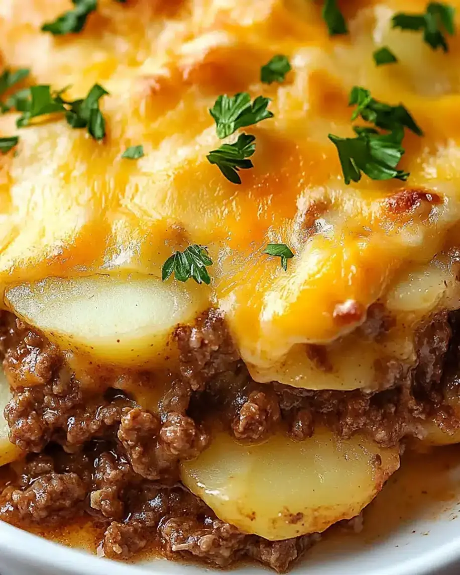 Hobo Casserole - Ground Beef, Potatoes, and Cheese assembled in a baking dish.