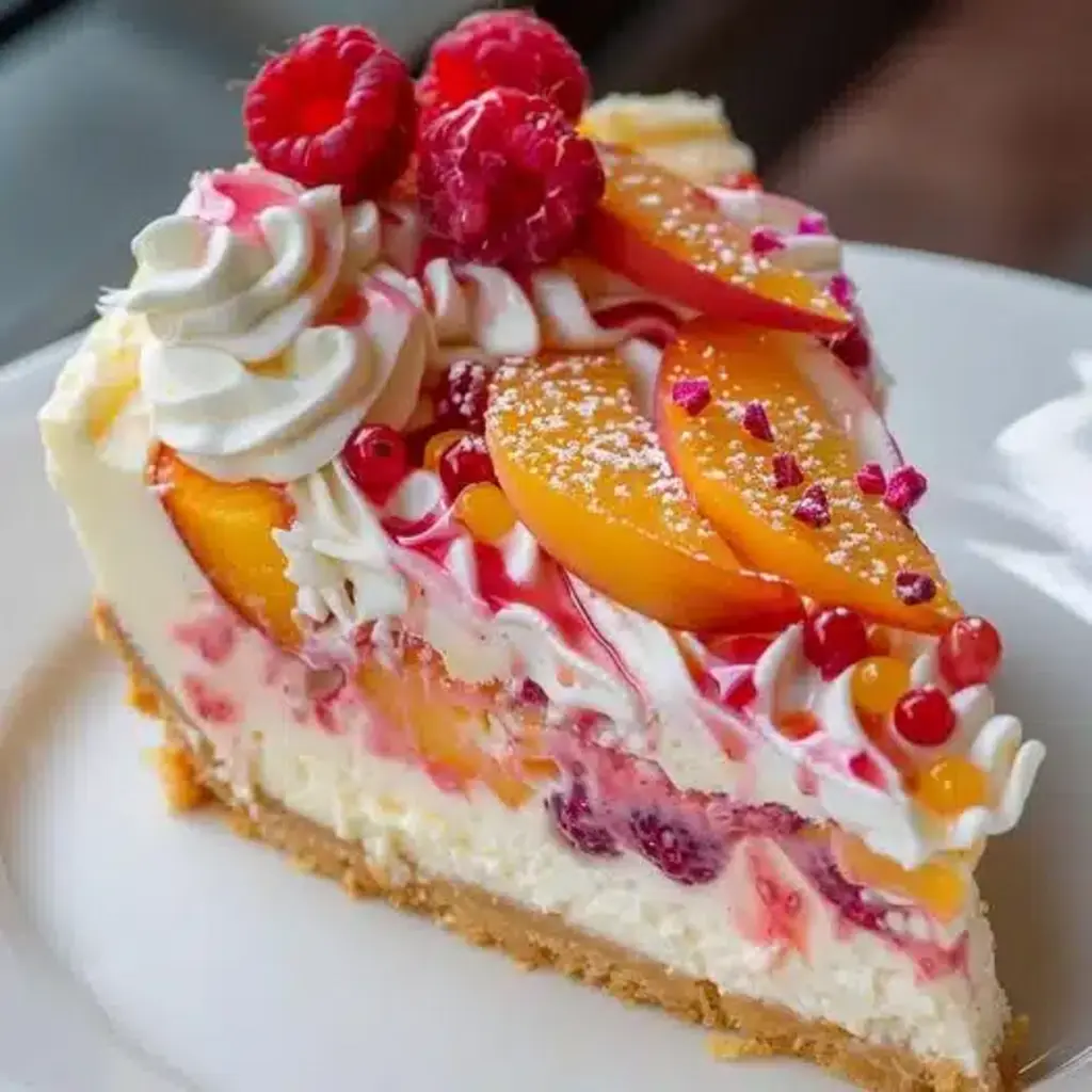 A slice of Summer Berry and Peach Cheesecake on a plate, showcasing the rich filling and vibrant fruit topping.