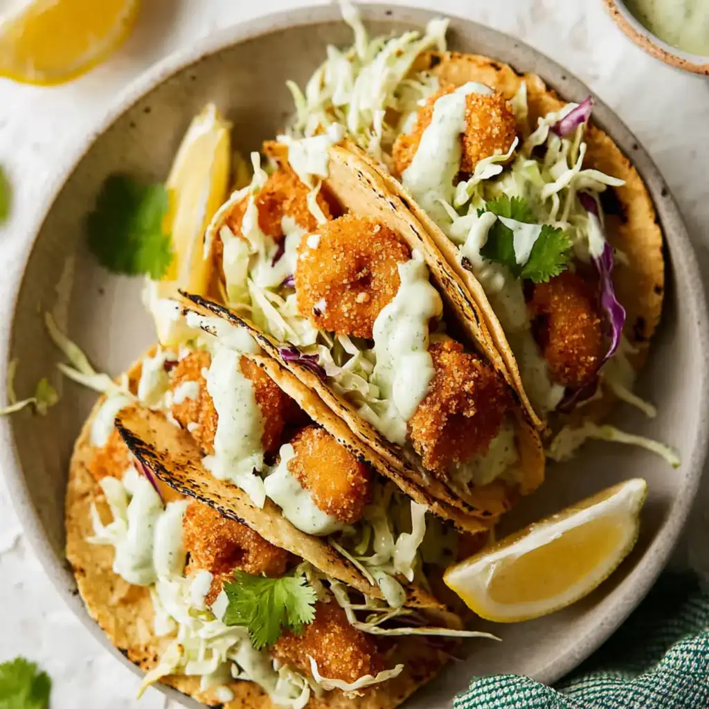 Deliciously golden fried shrimp tacos with crisp slaw and avocado crema