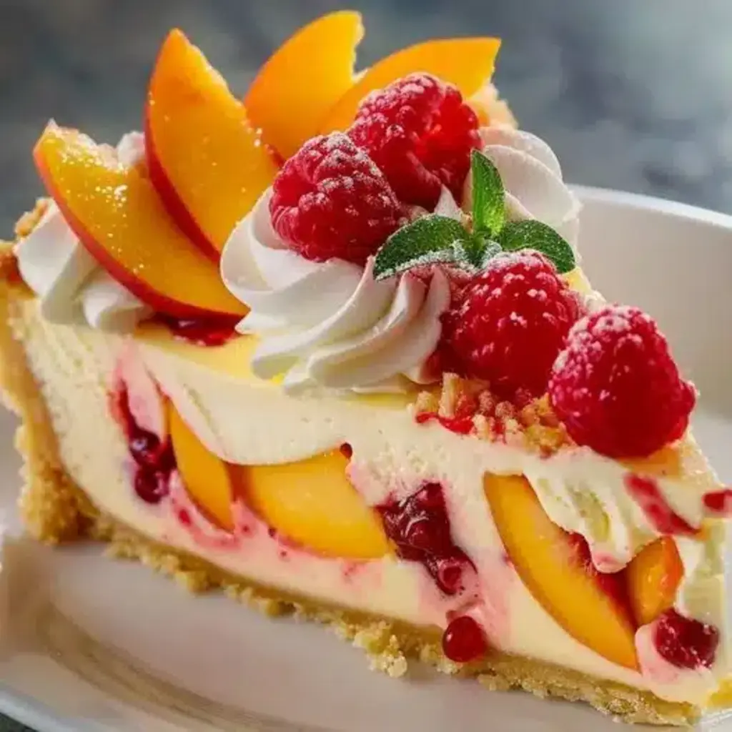 Orchard Fresh Cheesecake with peaches and raspberries on a springform pan