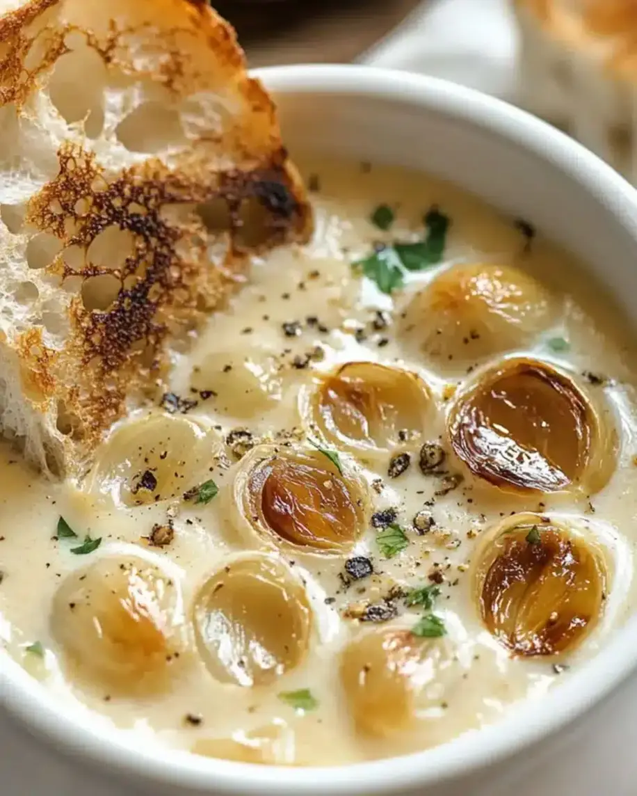 Rustic bowl of creamy French garlic soup garnished with herbs and croutons.