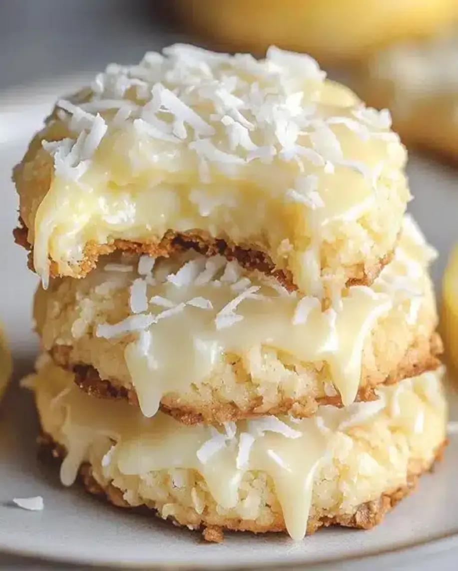 Lemon Coconut Cheesecake Cookies - a plate of delicious cookies with a creamy center, topped with shredded coconut.