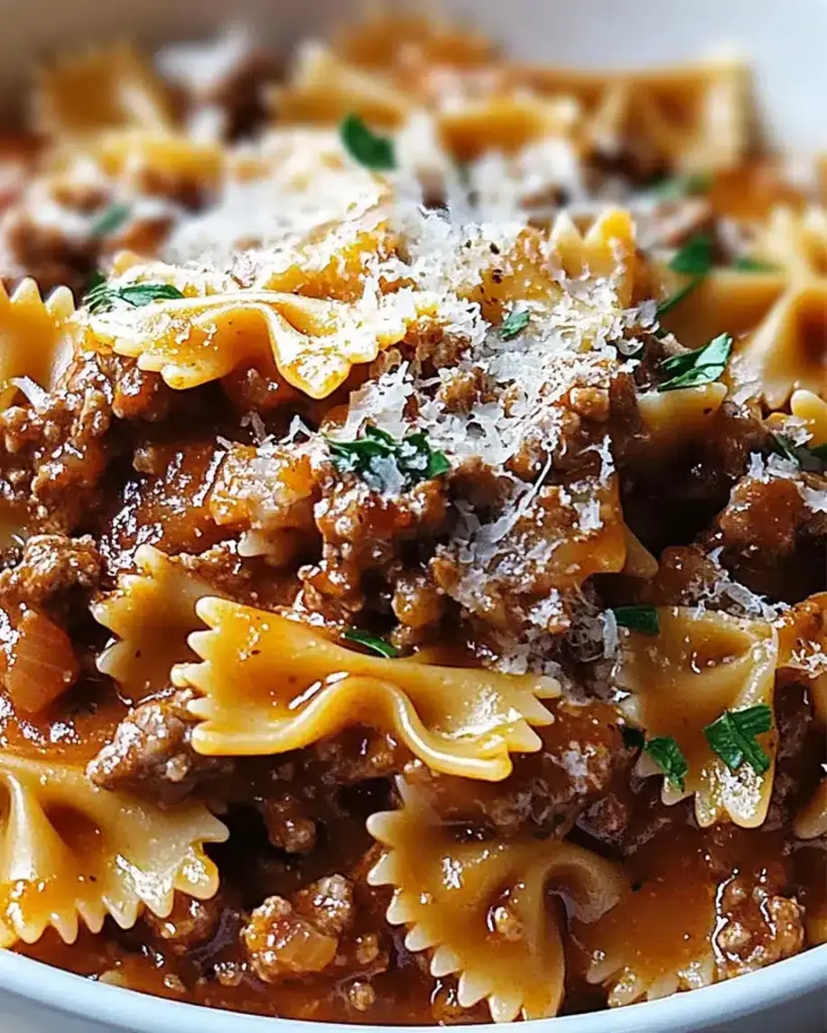 Cheesy Beef and Bowtie Pasta served in a bowl